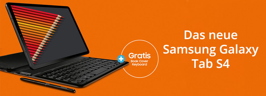 Bestellen Sie jetzt ein Galaxy Tab S4 vor und bekommen Sie ein Book Cover Keyboard gratis dazu Bestellen Sie jetzt ein Galaxy Tab S4 vor und bekommen Sie ein Book Cover Keyboard gratis dazu